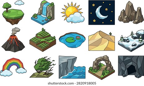 A collection of low poly isometric landscape icons featuring various natural environments like mountains, volcanoes, deserts, forests, and weather elements.