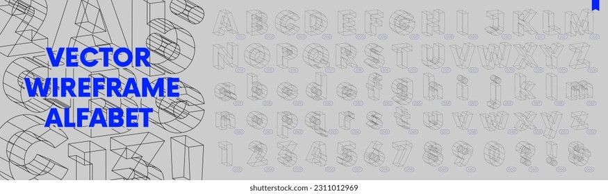 Collection of lowercase and uppercase letters and numbers, Geometric wireframes vector 3d sans serif bulk font, set of isometric alphabet inspired by brutalism, graphic design elements