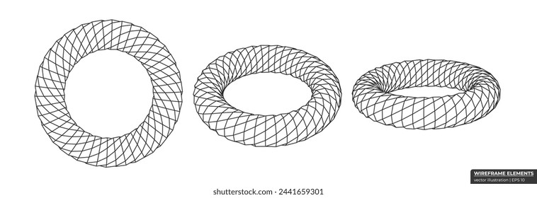 Collection of lowpoly 3D polygonal donuts. Abstract 3d torus wireframe. Donut Grid Geometry vector illustration