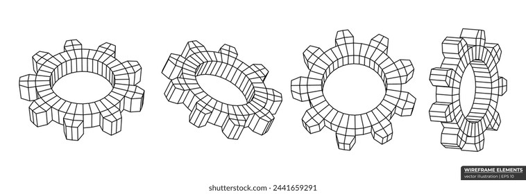 Collection of lowpoly 3D polygonal gears. Abstract 3d wireframe. Gear Grid Geometry vector illustration