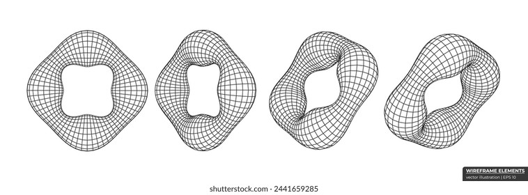 Collection of lowpoly 3D polygonal shapes. Abstract 3d torus wireframe. Grid Geometry vector illustration