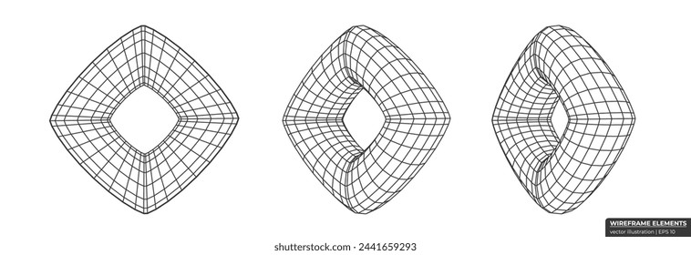 Collection of lowpoly 3D polygonal shapes. Abstract 3d torus wireframe. Grid Geometry vector illustration