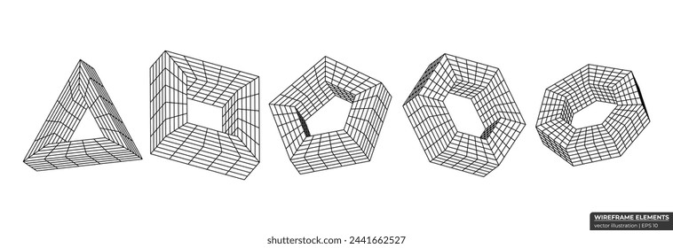 Collection of lowpoly 3D polygonal shapes. Abstract 3d wireframe. Grid Geometry vector illustration