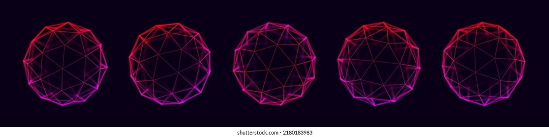 Collection of Lowpoly 3D Shapes. Futuristic Hologram HUD 3D Polygonal Spheres. Vector Illustration. Graphic Shapes for Retrowave Vaporwave Synthwave Style Graphic Design.