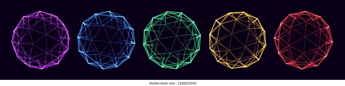 Collection of Lowpoly 3D Shapes. Futuristic Hologram HUD 3D Polygonal Spheres. Vector Illustration. Graphic Shapes for Retrowave Vaporwave Synthwave Style Graphic Design.