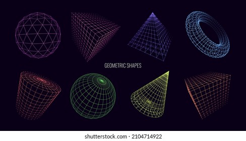 Collection of Lowpoly 3D Shapes of Platonic Solids. Polygonal Shapes Basic Linear Algebra Figures. Vectro Illustration. Graphic Shapes for Retrowave Vaporwave Synthwave Style Graphic Design.
