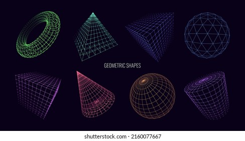 Collection of Lowpoly 3D Shapes of Platonic Solids. Polygonal Shapes Wireframes. Vectro Illustration. Graphic Shapes for Retrowave Vaporwave Synthwave Cyberpunk Retro Future Art Style Graphic Design.