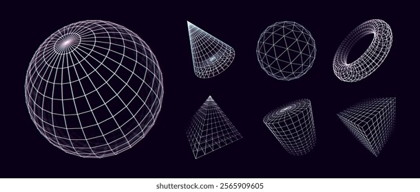 Collection of Lowpoly 3D Shapes of Platonic Solids. Polygonal Shapes Basic Linear Algebra Figures. Vectro Illustration. Graphic Shapes for Retrowave Vaporwave Synthwave Style Graphic Design.