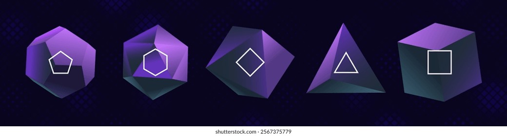 Collection of Lowpoly 3D Shapes of Platonic Solids. Polygonal Shapes Basic Linear Algebra Figures. Vector Illustration. Graphic Shapes for Retrowave Vaporwave Synthwave Style Graphic Design.