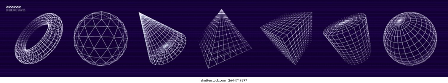 Coleção de Formas 3D Lowpoly de Sólidos Platônicos. Formas poligonais Figuras de álgebra linear básica. Ilustração de Vetor. Formas gráficas para retrowave Vaporwave estilo Synthwave Design gráfico.