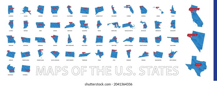 Collection of low-polygon maps of U.S. states with a state capital sign. Maps sorted alphabetically.