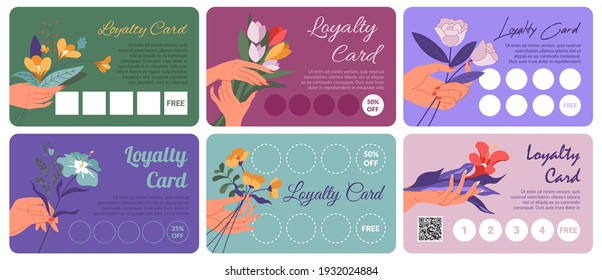A collection of loyalty cards for a flower shop. A set of cards with stickers for customer loyalty. Female hand holding flowers, vector illustration. Certificate for advertising services