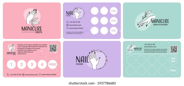 Collection of loyalty cards for manicure service. A set of cards with stickers for the regular clients of the salon. Beautiful hands and nails, vector illustration. Advertising of a manicure room