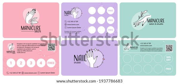Collection of loyalty cards for manicure service. A\
set of cards with stickers for the regular clients of the salon.\
Beautiful hands and nails, vector illustration. Advertising of a\
manicure room