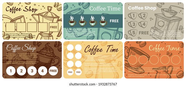 Collection of loyalty cards for the sale of coffee in a cafe. A set of cards with stickers for loyalty to the coffee shop brand. Lettering coffee time and coffee shop, vector illustration