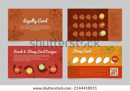 Collection loyalty punch and stamp card engraved autumn leaves design vector illustration. Set privilege business retail service paper pass membership with fall maple, fir cone, rowan, acorn, rose hip