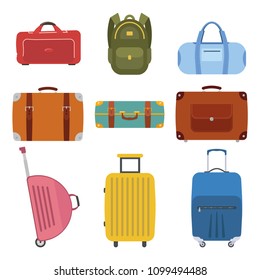 A collection of luggage icons for travel. Different types of baggage. Bags, tourist suitcase, luggage. Vector illustration.