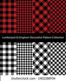 Collection of Lumberjack and Gingham patterns. Decorative red and monochrome textile backgrounds.