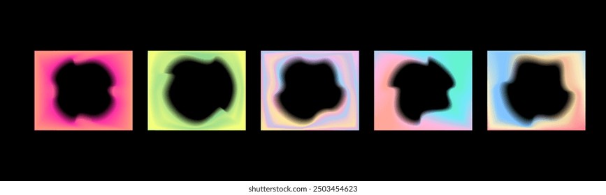 Collection of luminous colored gradient rectangular frames with inner blur abstract shape. Square vector shapes with aura for design on a black background