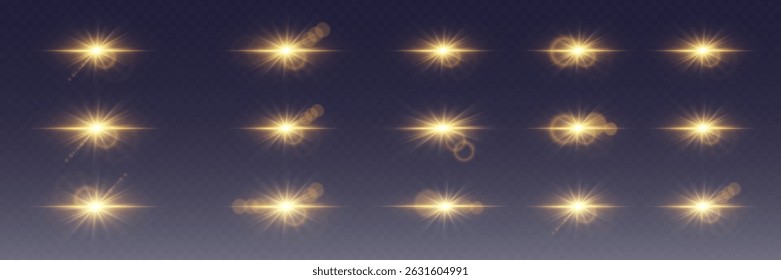 Collection of luminous lenses, star effect. On a transparent background.