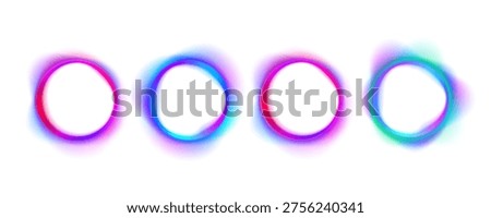 A collection of luminous neon circles floats on a clean white background, blending vibrant gradients with a glossy finish. Each ring radiates soft light with smooth transitions and subtle reflections.