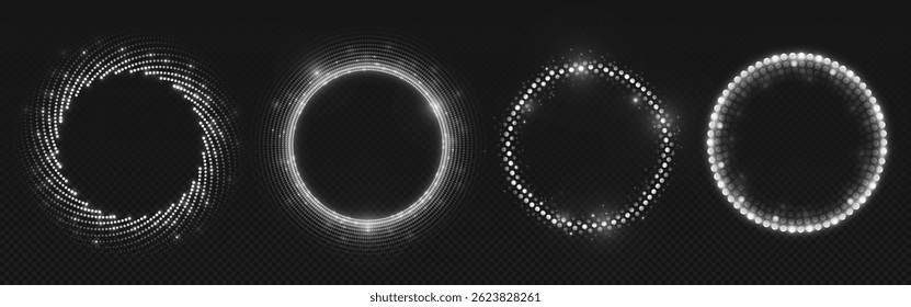 Collection of luminous white halftone circles with sparkling light effects on dark transparent background. Realistic vector for futuristic designs, sci-fi interfaces, HUD elements or tech visuals.