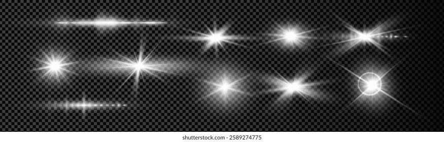 A collection of luminous white light effects including starburst and lens flare set on a transparent background.