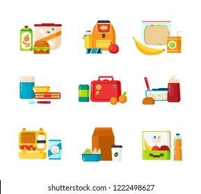 Collection of lunch boxes for kids isolated on white background. Bundle of containers for children's breakfast food or healthy meals storage. Colorful vector illustration in flat cartoon style.