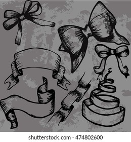 Collection lush bows and ribbons. Vintage ornaments for the traditional festivities and gift boxes. Retro, vintage style. Vector illustration