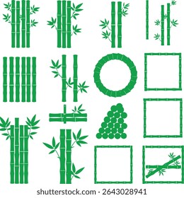 Collection of lush green bamboo stalks in various arrangements, including frames, bundles, and individual stems. Isolated on a clean white background, ideal for design projects.