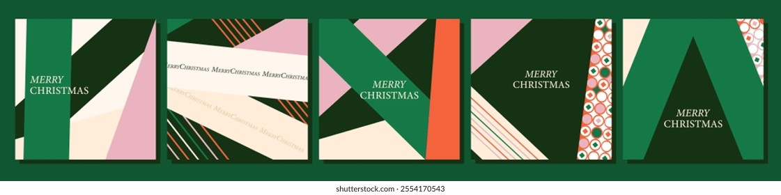 A collection of luxurious, abstract Christmas backgrounds in holiday tones. Modern design with geometric shapes and patterns. Suitable for greetings, outdoor advertising, branding materials and decor.