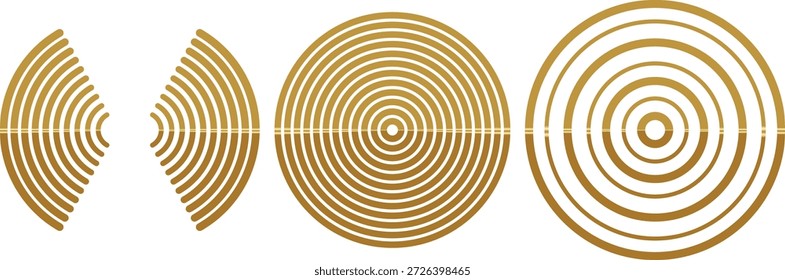 A collection of luxurious gold geometric vector elements featuring concentric circles, sound waves, and radial patterns, isolated on a clean white background. Ideal for luxury branding or technology designs.