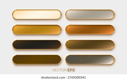 Collection of luxurious gold-framed metallic buttons with a glossy 3D effect, ideal for modern design. Vector illustration.