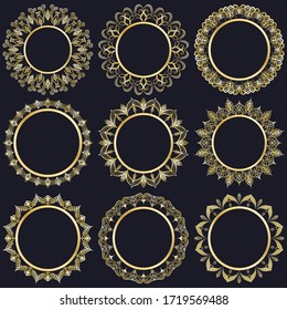 Collection of luxurious round golden frames on a blue background. Framing for photos, paintings and mirrors. Decorative decoration for books, cards, invitations. Vector.