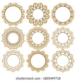 Collection of luxurious round golden frames on a white background. Framing for photos, paintings and mirrors. Decorative decoration for books, cards, invitations. Vector.