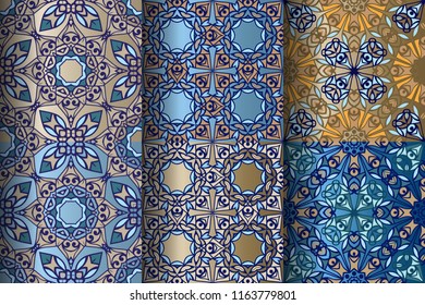 Collection of luxurious seamless blue and gold patterns. Victorian damask seamless pattern. Golden vintage design elements. Elegant Decorative ornament for wallpaper, fabric, paper, invitation.
