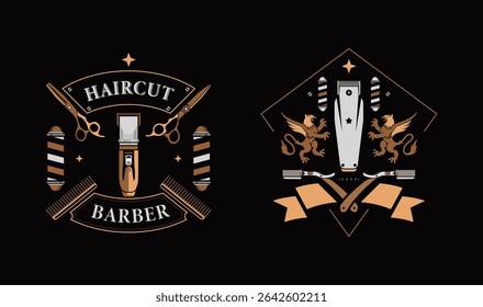 A collection of luxury barber shop vector logos featuring classic grooming tools like hair clippers, scissors, barber poles, and golden heraldic lions, perfect for upscale hair salon branding