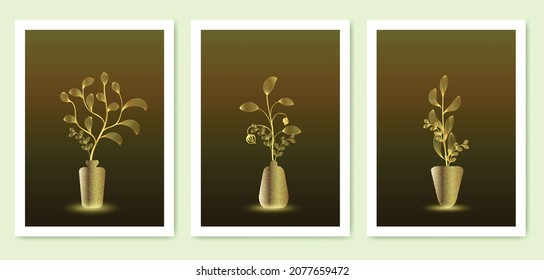 collection of luxury botanical line art with vase. gold leaf design. use for print art, covers, posters, wall art