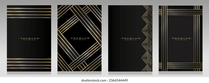 Collection of luxury covers. Black and gold backgrounds with shimmering gold lines. Elegant variety of geometric patterns for prestigious business, deluxe events, invitations.