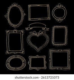 Collection of luxury frames, borders. Round. square heart shape Hand drawn doodle elements in line art for greeting cards, invitations, menu, certificates and graphic design.