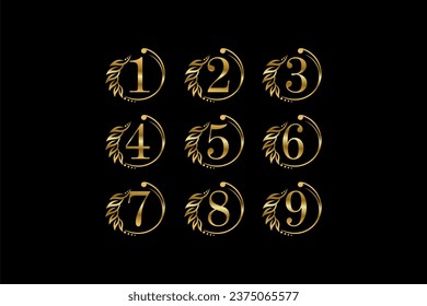 
a collection of luxury gold number logos with leaf-shaped emblems and circular flourishes. suitable for beauty, boutiques, business, companies, anniversaries, birthdays, champions, etc. logo set