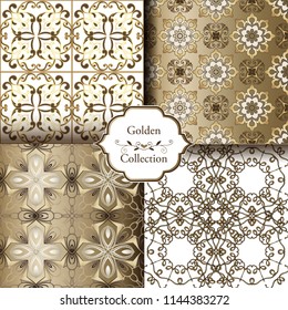 Collection of Luxury Golden Seamless Patterns. Victorian damask seamless pattern. Golden vintage design elements. Elegant Decorative ornament for wallpaper, fabric, paper, invitation.
