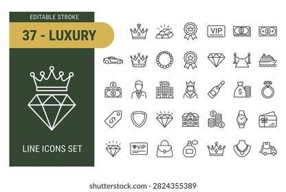 Collection of luxury icons, including crowns, diamonds, gold bars, cars, and VIP symbols. Premium editable stroke design.