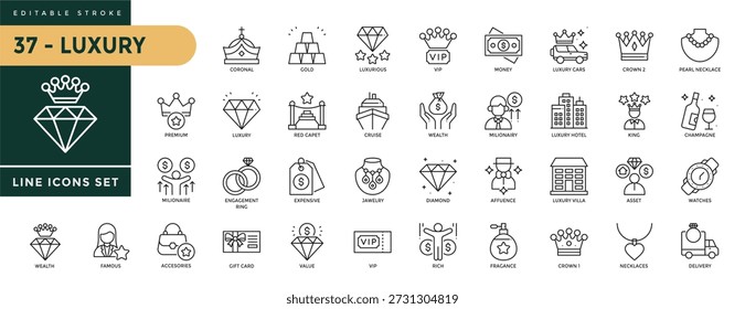 Una colección de iconos de lujo con un trazo editable, incluyendo oro, premium, famosos, accesorios, joyas, vip, dinero, coches, corona, rey, valor rico, regalo, activo, etc. Ilustración vectorial lineal delgada