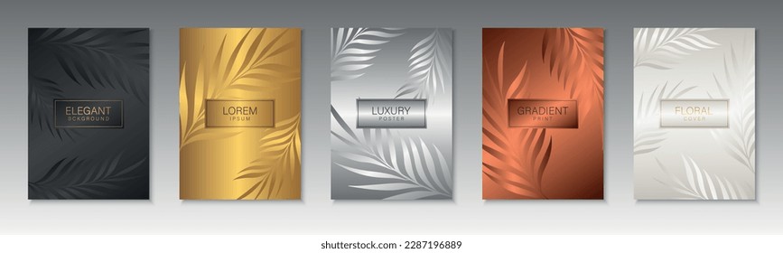 Collection of luxury nature covers, templates, placards, brochures, banners, flyers and etc. Color gradient cards, postcards, posters, invitation. Elegant rich backgrounds with branches and leaves