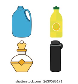 Collection of luxury perfume, gallon water bottle, matte black stainless steel bottle, and lemon juice bottle. Ideal for product mockups, branding, packaging, and advertising visuals.