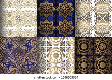 Collection of Luxury Seamless Patterns. Victorian damask gold and indigo seamless patterns. Decorative ornament for fabric, textile, wrapping paper.