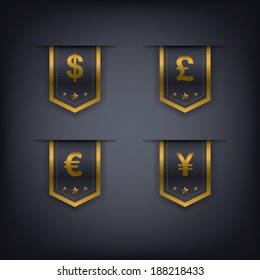 Collection of luxury vertical tags with different currencies suitable for web design, e-shops, etc. Eps10 vector illustration.