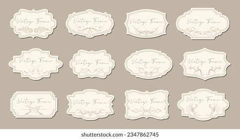 Collection of luxury vintage curly frames with lace for text, retro labels. Templates, icons, vector