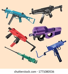 Collection of machine gun vector illustration with editable background set two
